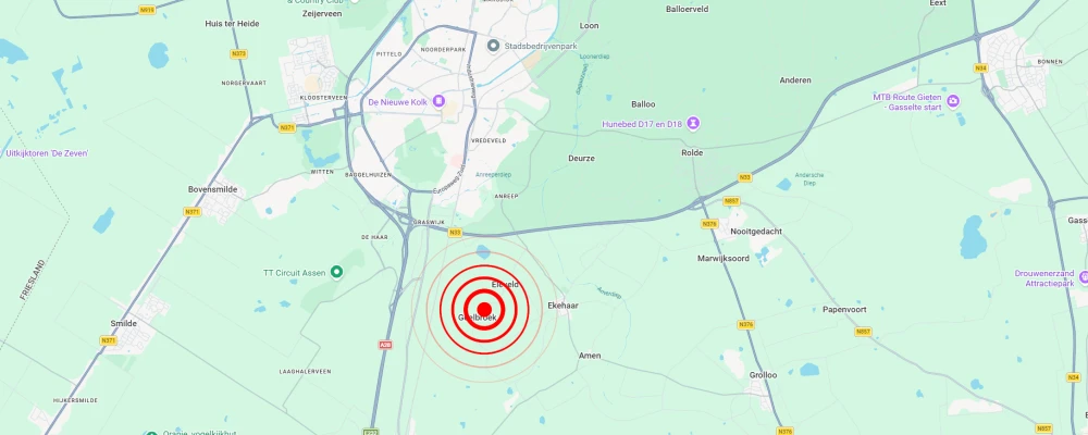 Epicentrum van aardbeving Geelbroek nabij Eleveld, Rolde en Assen