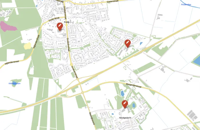 Kaart mit de stemlokalen in Rolde