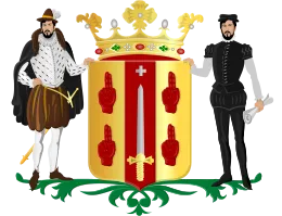 Het wapen van Rolde mit een kroon, en een edelman en een boer as schildhouders