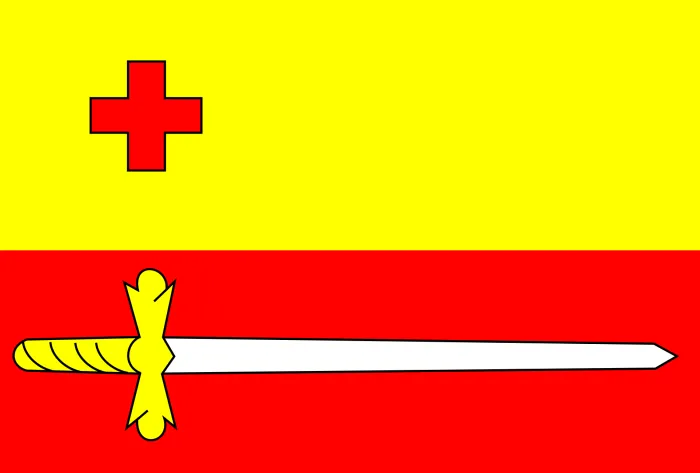 De vlag van Rolde: een gele baan mit een rood kruus en een rode baan mit een wit zwaord