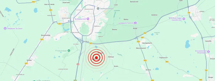 The epicentre of the earthquake near Geelbroek, between Eleveld, Rolde and Assen