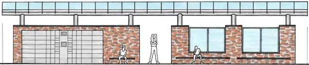 Sketch of a waiting area with brick walls, windows and a flat roof on pillars, with benches and a row of parcel lockers